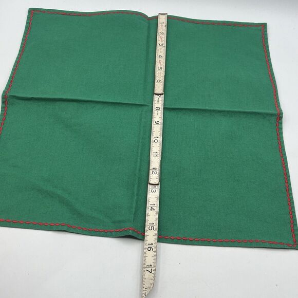 Set 8 Solid Green Cotton Napkins Chrismtas Red Stitch Trim 16" Kitsch 1980s - Picture 3 of 3